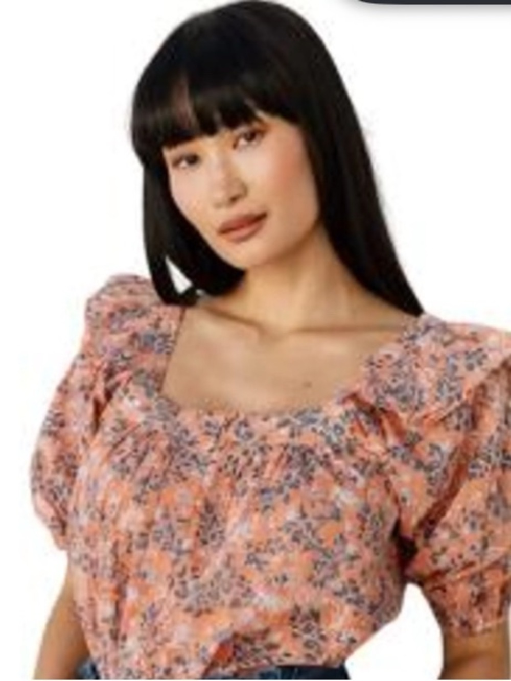 Cleobella Orange Floral Square-Neck Puff-Sleeve Button-Down Top